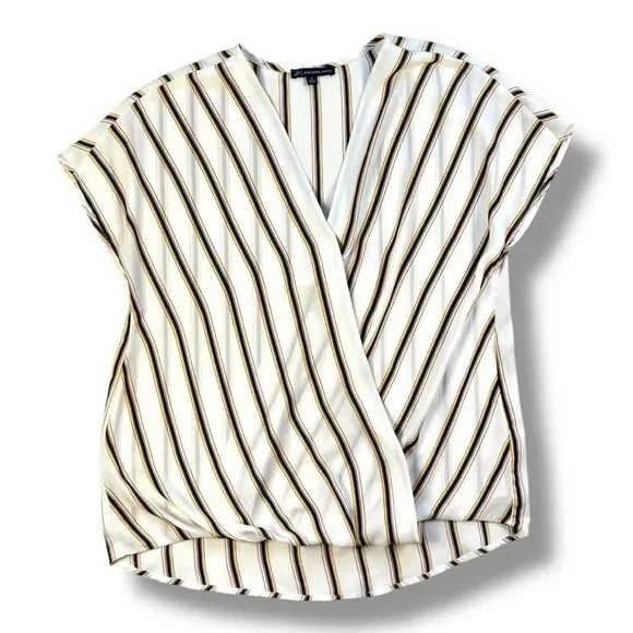 Adrianna Papell Cream Striped V-Neck Wrap Blouse Sz M - Picture 1 of 11